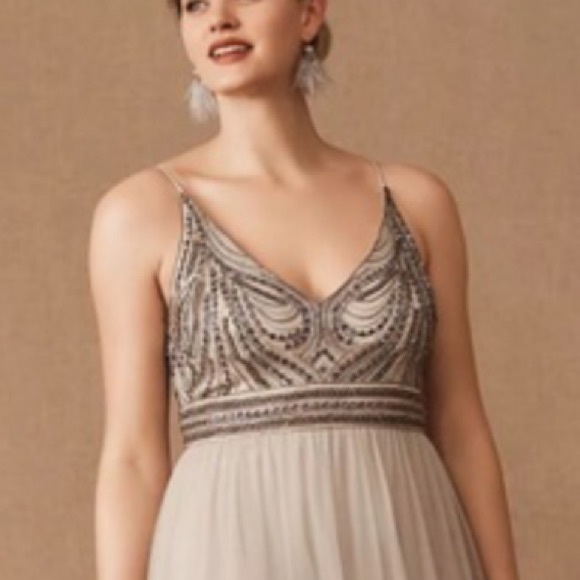 BHLDN Vilette 20 Blue Grey Fog Beaded Sequin Bodice Tulle Skirt Maxi Gown - Picture 2 of 10